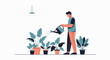 © burung - Man watering plants in a pot with a watering can in flat vector style