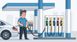 © Nabila - Happy man refueling a white car at a modern gas station with multiple fuel options and a blue canopy structure.