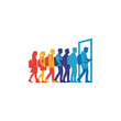 © Kiron - Colorful silhouettes of students with backpacks entering a doorway