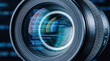 © Celt Studio - Professional camera lens reflecting glowing blue computer programming code depicting computational photography artificial intelligence surveillance futuristic digital software technology concept
