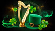 © MdSohel - A digital illustration of a gold harp and green hat with shamrocks and sparkles on a dark background