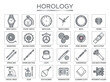 © Hikmat Ullah  - Comprehensive collection of grey and orange line art horology icons featuring watchmaker tools and mechanical timepiece components