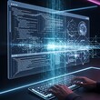 © Asad - Futuristic computer screen, hacker interface, cyberpunk background, coding dashboard, digital glow