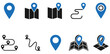 © Muhammadkhan - Map Pin and Location Icon Set, Navigation Route Symbols with Map Fold, Destination Pointers and GPS Tracking Elements, Vector Solid Black and Blue Navigation Icons Isolated on White Background