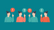 © Sultan Desain - Flat design illustration of four people showing questions and exclamations, symbolizing confusion, inquiry, and group discussion in a collaborative setting.