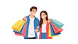 © Najmull - Happy young man and woman walking together holding many colorful shopping bags after a successful and fun retail store visit at the local mall.