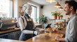 © Marco Gugiatti - Humanoid robot barista serving coffee and croissant to customer in modern cafe
