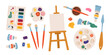 © tanyabosyk - Art supplies set with easel, brushes, palettes, paint tubes and watercolors. Artist tools and painting equipment collection. Hand drawn vector illustration isolated on white background.