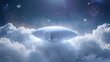 © bephoto - 宇宙の光に包まれて白い枕が浮かぶ未来的なヒーリング睡眠3Dビジュアル