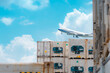 © Fahroni - Cargo airplane flying above logistic container. Air logistic. Reefer for frozen food. Refrigerated container for export and import logistics. Freight transport. Aviation business. Merchandise export.