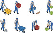© LT studio - Isometric workers performing manual labor tasks carrying boxes tools wheelbarrow digging and lifting illustration for construction industry workflow concept
