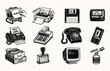 © 777SKYLABS - Retro Office Equipment Illustration Set in Linocut Style for Vintage Business Concepts