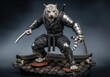 © Mikhail - Anthropomorphic white tiger ninja warrior with metal claws crouching on traditional roof
