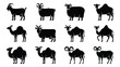 © PRITOM - Collection of black silhouette icons featuring various goat and sheep breeds in different poses on white background