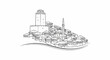 © Sandi - Monochromatic illustration of a historic town with a minaret and tower