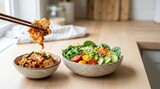 Chopsticks lifting kimchi beside fresh salad bowl
