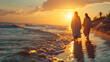 © Elena - Jesus, dressed in flowing white and light blue robes, walks barefoot across the soft golden sand at the edge of gentle ocean waves, with one devoted disciple at his side.