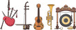 © Sagor - Set of diverse musical instruments including Scottish bagpipes Chinese erhu ukulele brass trumpet and Indonesian gamelan gong for cultural music and global tradition projects.