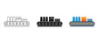 © Wasim - Conveyor belt with products icon set, flat, line and silhouette styles industrial production line with boxes and cups for manufacturing