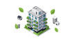 © Yudi - Sustainable Isometric Green Apartment Building with Trees on Balconies, Eco-Friendly Urban Living and Real Estate Concept Illustration Isolated on White Background