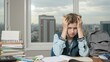 © Alexander Chaykin - Stressed student in a study environment with multiple books and academic materials.