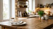 © Влада Яковенко - Blurred kitchen interior with wooden table and bokeh lights, copy space, product display background with copy space, clean commercial setup, lifestyle interior context, balanced composition, soft