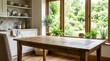 © Влада Яковенко - Rustic wooden table in a bright kitchen, window view with green plants, empty table, product display background with copy space, clean commercial setup, lifestyle interior context, balanced