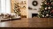 © Влада Яковенко - Wooden table with bokeh christmas lights background for festive product display, product display background with copy space, clean commercial setup, lifestyle interior context, balanced composition,