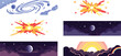 © AntarChandra - Space scenes collection with galaxy swirl, star explosions, night sky landscapes and sunrise horizon in flat style for cosmic illustration and design