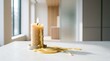 © Viacheslav - Natural light casting shadows from a candle continuously dripping wax on a bright surface, modern abstract background, commercial backdrop, balanced composition, soft light, realistic detail, crisp