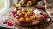 © Влада Яковенко - Delicious Indian sweets in a copper bowl with rose petals, festive dessert still life rich in detail, commercial stock appeal, balanced composition, soft natural light, realistic texture, crisp focus,
