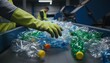 © Varos - A worker in a recycling plant uses gloved hands to sort plastic bottles moving along a conveyor belt for processing and recycling.