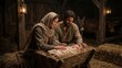 © Artem Zatsepilin - holy family with baby jesus in manger. mary and joseph in wooden stable with animals. nativity scene for christmas holiday. christian religion concept. banner, website header.