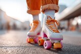 A person is wearing retro roller skates and a bright outfit while skating on the streets. The sun shines down as the wheels glide smoothly on the pavement, showcasing a lively day in the city