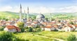 © Valentina - Beautiful Watercolor Drawing of Muslim Village Landscape. Created with Generative AI technology
