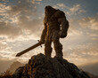 © Iva - Epic portrayal of a colossal biblical giant, a primitive warrior with long hair and fur, standing on a mountain peak during golden hour