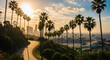 © unding - Iconic Los Angeles skyline at sunset with palm trees and winding road