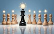© joeycheung - Black king shines brightly leading wooden pawns under radiant light.
