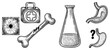 © Rysak - Anatomical drawings featuring fractured bone, gastric anatomy, laboratory flask, and emergency kit ideal for medical diagrams or educational content.