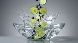 Jeruk Nipis Segar dan Blueberry Tumpah ke dalam Mangkuk Kaca dengan Percikan Air Jernih, Ide Minuman Sehat