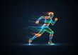 © Alpha - A dynamic glowing silhouette sprinting forward as its form dissolves into a stream of luminous digital particles against a dark backdrop, electronic, high-tech, current
