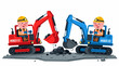 © Fadil - Two cartoon miners in construction vehicles, an excavator and a digger, in a mining operation, digging for coal on a rocky terrain with a gray background