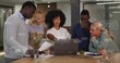 © vectorfusionart - Pointing woman with curls in white blouse leading campaign at office table, with laptop, overlays