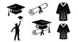 © Steven - Set of black and white graduation ceremony icons including cap, diploma, and gown