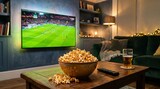 A cozy living room with a TV showing a soccer game and a bowl of popcorn on the coffee table