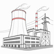© MST SAHIDA  BEGUM  - A simplified black and white line drawing depicts an industrial power plant with cooling towers and electrical transmission structures high quality professional