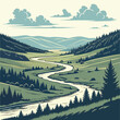© shahin10 - A picturesque landscape depicts a winding river flowing through a lush green valley framed by rolling hills and fluffy clouds high quality