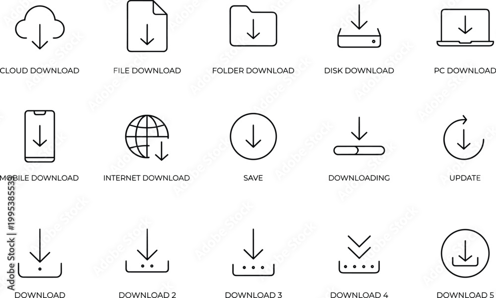 Minimal Download Icons Set - Clean Line Data Transfer and File Download ...