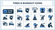 © Pixel_Forge - Tired and Burnout Worker outline icon set. Featuring exhaustion, deadline stress, overwork, sleep deprivation, and mental fatigue symbols. Editable stroke vector icons for workplace wellness program.