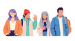 © Bruno Stock - Four diverse young adults with backpacks standing together in a stylized illustration conveying friendship and youth culture with vibrant colors and modern clothing